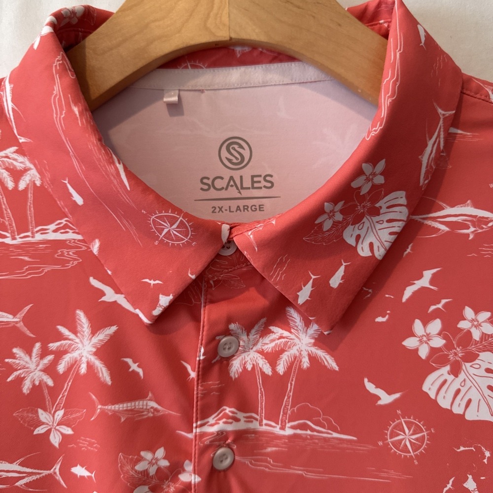 Scales Gear Mens 2XL Fishing Polo Shirt Orange/White Island AOP Tropical